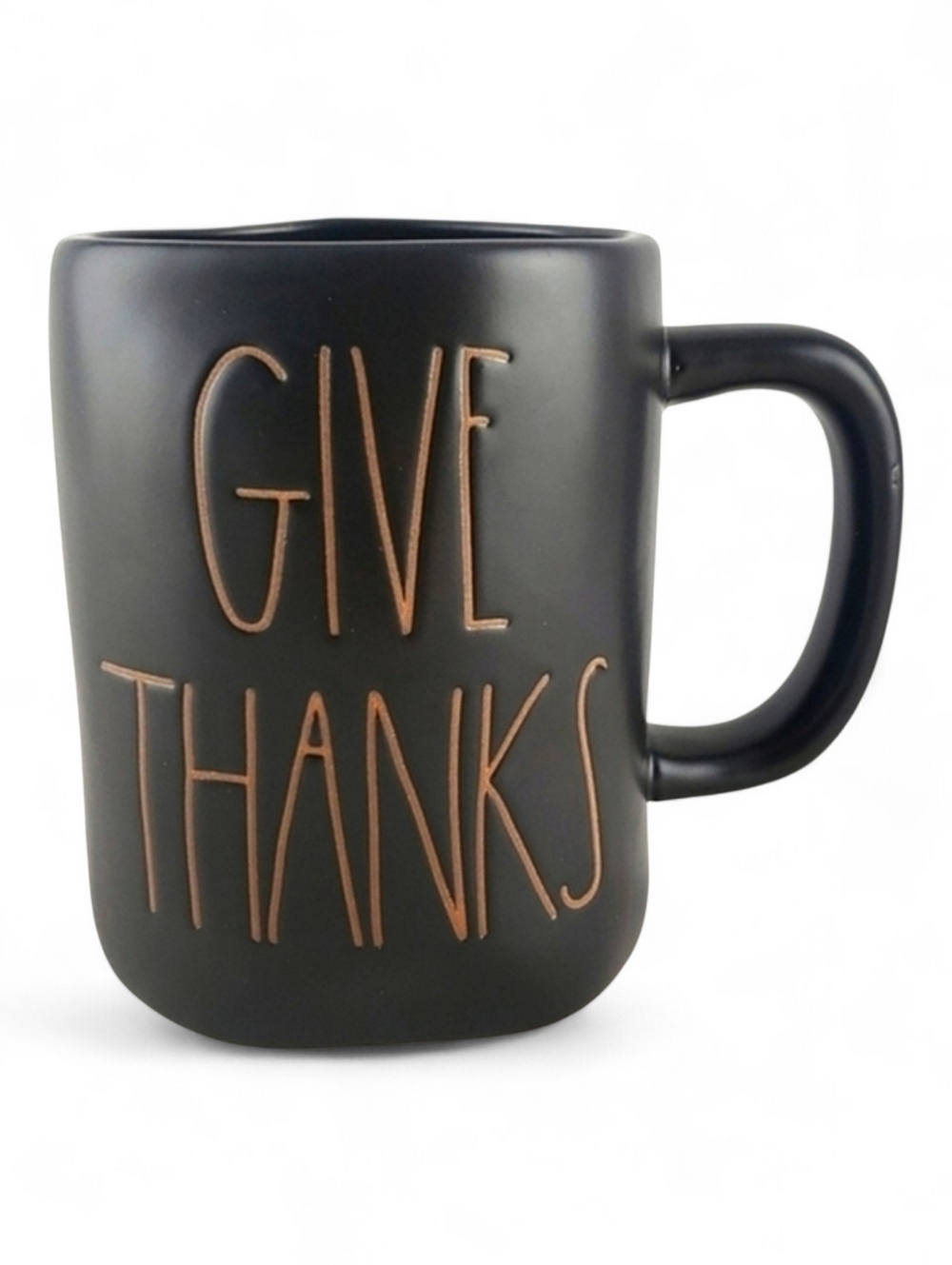 Rae Dunn Artisan Black Ceramic Mat Mug Large Letters Orange GIVE THANKS